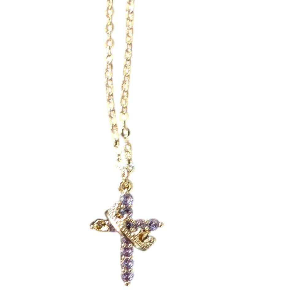Robaice June Alexandrite Purple Birthstone Crown Cross Gold Tone Necklace